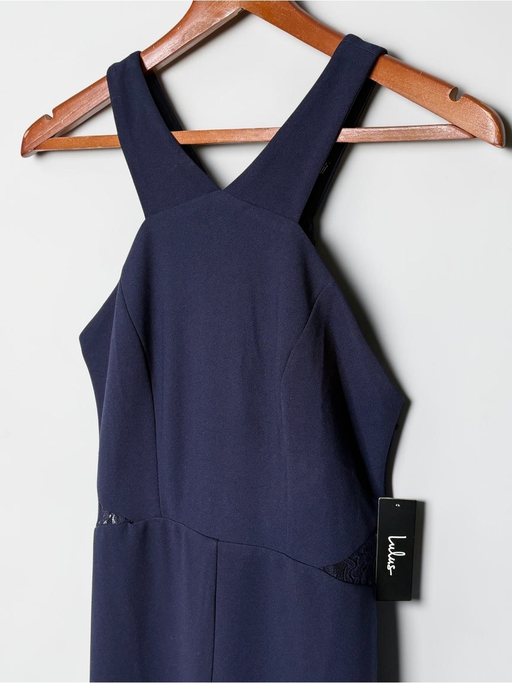 NWT Lulus Treat You Well Navy Blue Lace Halter Wide Leg Jumpsuit Size M - Picture 6 of 15